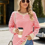 Slit Striped Round Neck Long Sleeve Sweatshirt