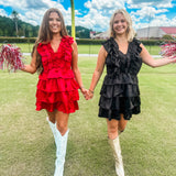 Satin Ruffle Smock Dress- Red