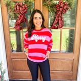 "Merry" Stripped Sweatshirt- Pink/Red