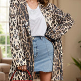 Leopard Lapel Collar Long Sleeve Longline Blazer