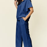 Double Take Full Size Texture Half Zip Short Sleeve Top and Pants Set