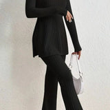 Ribbed Long Sleeve Slit Top and Bootcut Pants Set