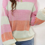 Striped Color Block Round Neck Long Sleeve Sweater