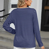 Striped Notched Long Sleeve T-Shirt