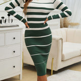 Color Block Round Neck Long Sleeve Midi Dress