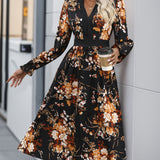 Printed Notched Long Sleeve Midi Dress