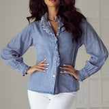 Frill Button Up Long Sleeve Denim Top