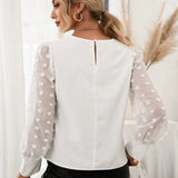 Swiss Dot Round Neck Long Sleeve Blouse