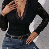 Perfee Lace Plunge Long Sleeve Bodysuit