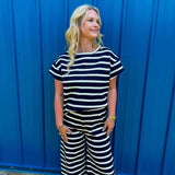 Striped Rib Short Sleeve Set - Navy