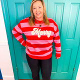 "Merry" Stripped Sweatshirt- Pink/Red