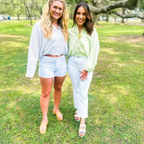 Seersucker Stripe Pocket Bubble Button Up Top- Tan