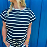 Striped Rib Short Sleeve Set - Navy