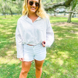 Seersucker Stripe Pocket Bubble Button Up Top- Tan