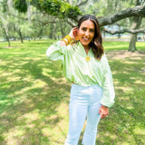 Seersucker Stripe Pocket Bubble Button Up Top- Green