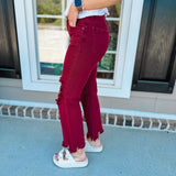 Chelsey HR Distressed Straight Pants - Wine