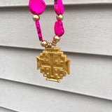 Hot Pink Jade Nuggets with Jerusalem Cross Necklace