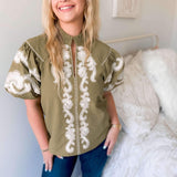 Embroidered For You Top - Olive