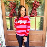 "Merry" Stripped Sweatshirt- Pink/Red