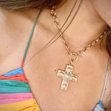 Gold 1.75" Pearl Cross Circle Chain Necklace - Final Sale