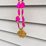 Hot Pink Jade Nuggets with Jerusalem Cross Necklace