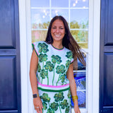 Queen Of Sparkles | White, Green & Pink Stripe Beaded Shamrock Top - Final Sale