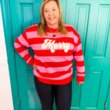 "Merry" Stripped Sweatshirt- Pink/Red