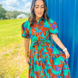 Brushed Prints Puff Sleeve Shirt Dress- Multi