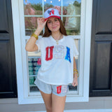 Queen Of Sparkles White Beaded 'USA' Tee