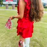 Satin Ruffle Smock Dress- Red