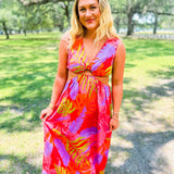 Tropical Vneck Cut-Out Maxi Dress- Fuschia