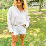 Seersucker Stripe Pocket Bubble Button Up Top- Tan