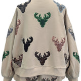 Queen Of Sparkles Beige Deer Head Sweatshirt - Final Sale