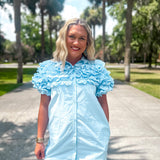 Poplin Ruffle Shirt Dress- Blue