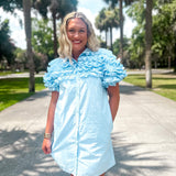 Poplin Ruffle Shirt Dress- Blue