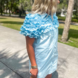 Poplin Ruffle Shirt Dress- Blue