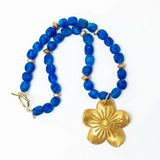 Blue African Glass with Gardenia Blossom Necklace