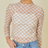 Checkered Print Feels Top- Taupe