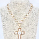 Gold 1.75" Pearl Cross Circle Chain Necklace - Final Sale