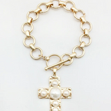 Gold Hammered Pearl Cross Stretch Chain Bracelet - Final Sale