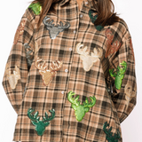 Queen Of Sparkles | Brown Plaid Multi Deer Head Button Up Long Sleeve Top - Final Sale