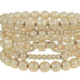 Water Resistant Gold Textured Beaded Chain Stretch Bracelet - Set of 5 - Final Sale