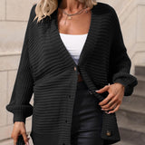 Button Down Horizontal-Ribbing Longline Cardigan