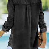 Pocketed Collared Neck Long Sleeve Denim Top