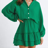 Ruffled Notched Balloon Sleeve Mini Dress