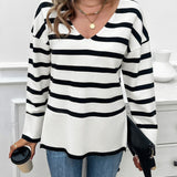 Striped V-Neck Long Sleeve Knit Top