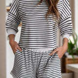 Striped Round Neck Long Sleeve Top and Shorts Set