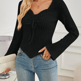 Ribbed Drawstring Long Sleeve T-Shirt