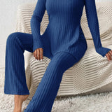 Ribbed Long Sleeve Slit Top and Bootcut Pants Set