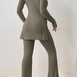 Ribbed Long Sleeve Slit Top and Bootcut Pants Set